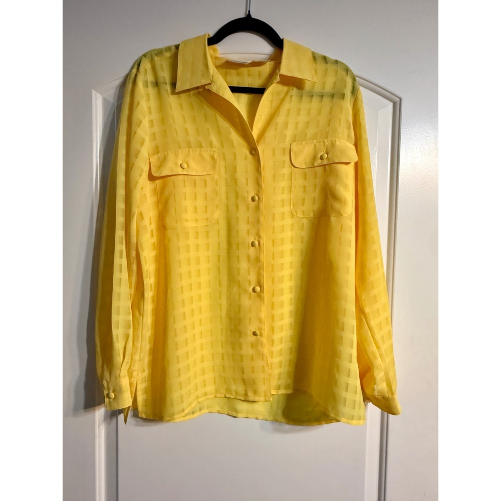 Liz Baker Blouse Size 14 Yellow Sheer Grid Button Down Long Sleeve Retro Chic